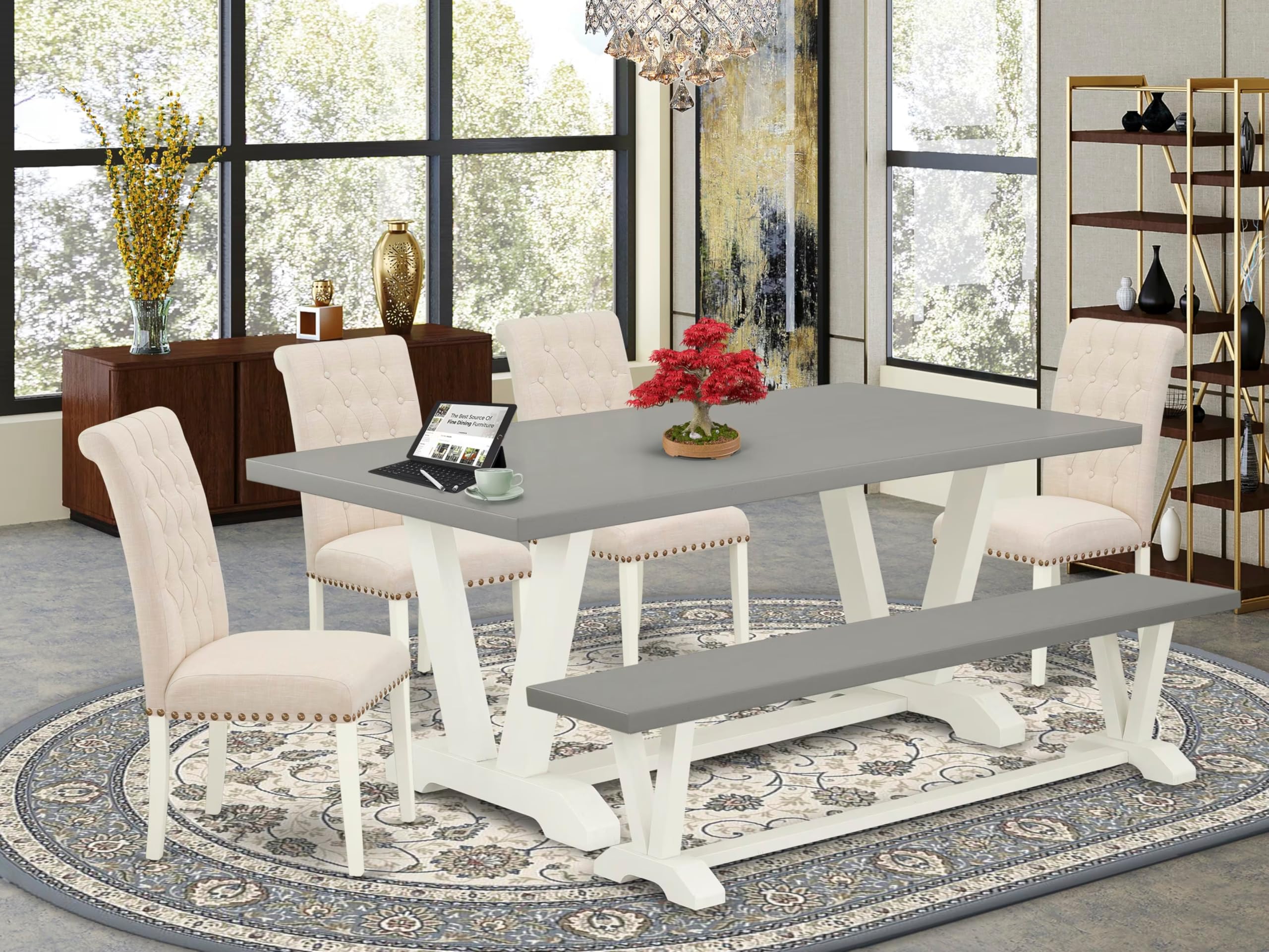 East West Furniture V-Style 6 Piece Dining Set Contains A Rectangle Kitchen Table With V-Legs And 4 Light Beige Linen Fabric Parson Chairs With A Bench, 40X72 Inch, V097Br202-6